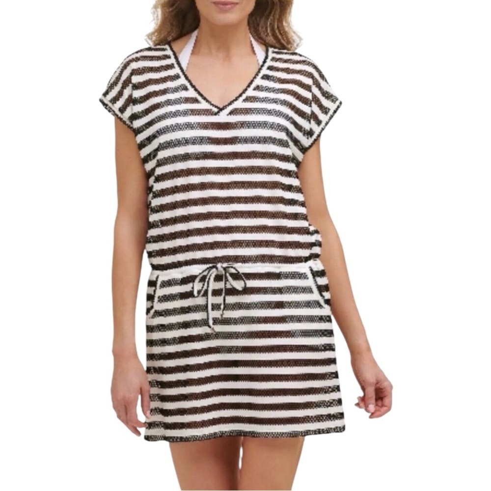 Calvin Klein Black and White Striped Drawstring Dress Beach Cover-Up Size L/XL